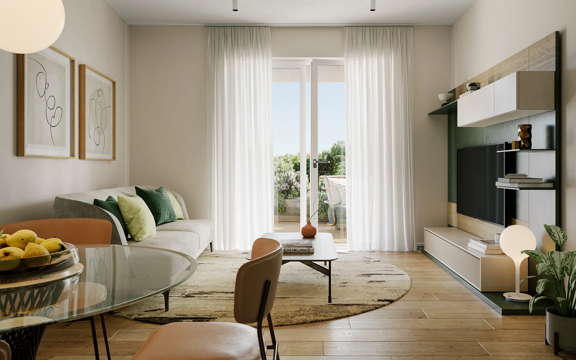 Fonte Laurentina: soggiorno moderno con divano grigio, cuscini verdi, tavolino centrale, tappeto rotondo, mobili TV e porte finestre con tende bianche.