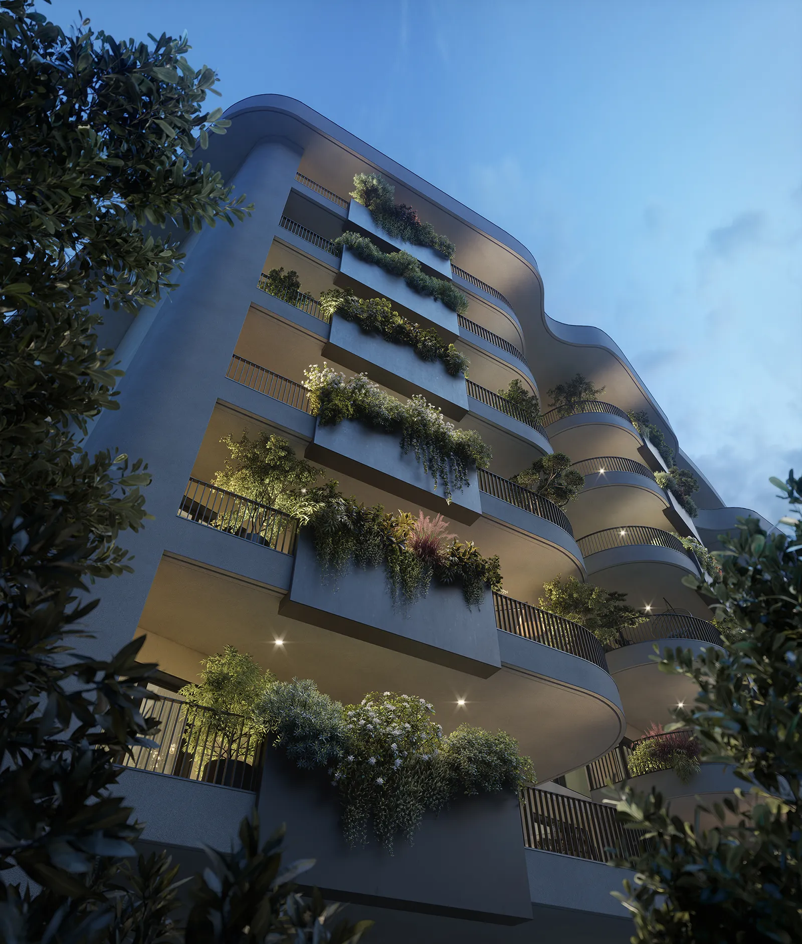 Fonte Laurentina: vista dal basso di un edificio moderno con balconi arrotondati e piante rigogliose illuminate al crepuscolo.